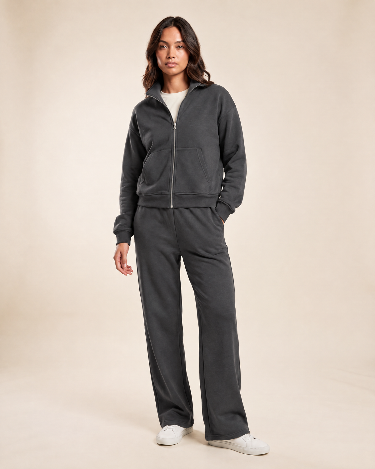 Elva Zip Set in charcoal, shown full length on an ivory studio backdrop