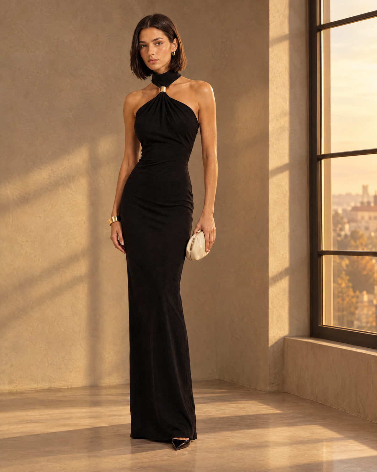 Iris Halter Maxi Dress in black, worn for an evening out