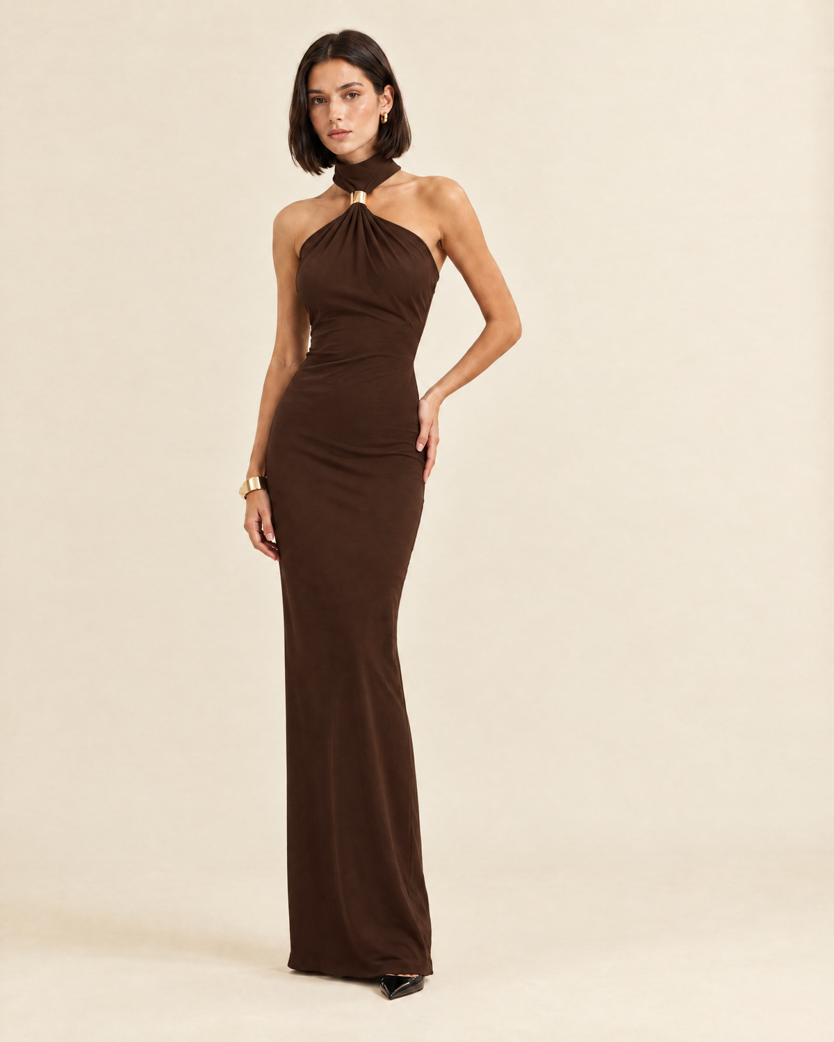 Iris Halter Maxi Dress in chocolate, front view