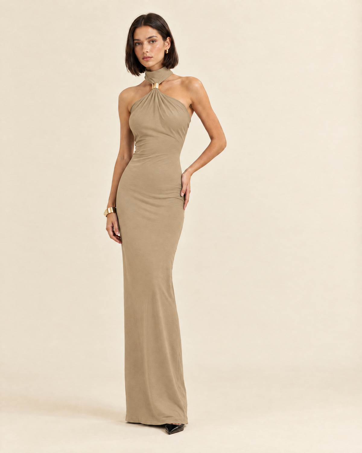 Iris Halter Maxi Dress in beige, front view