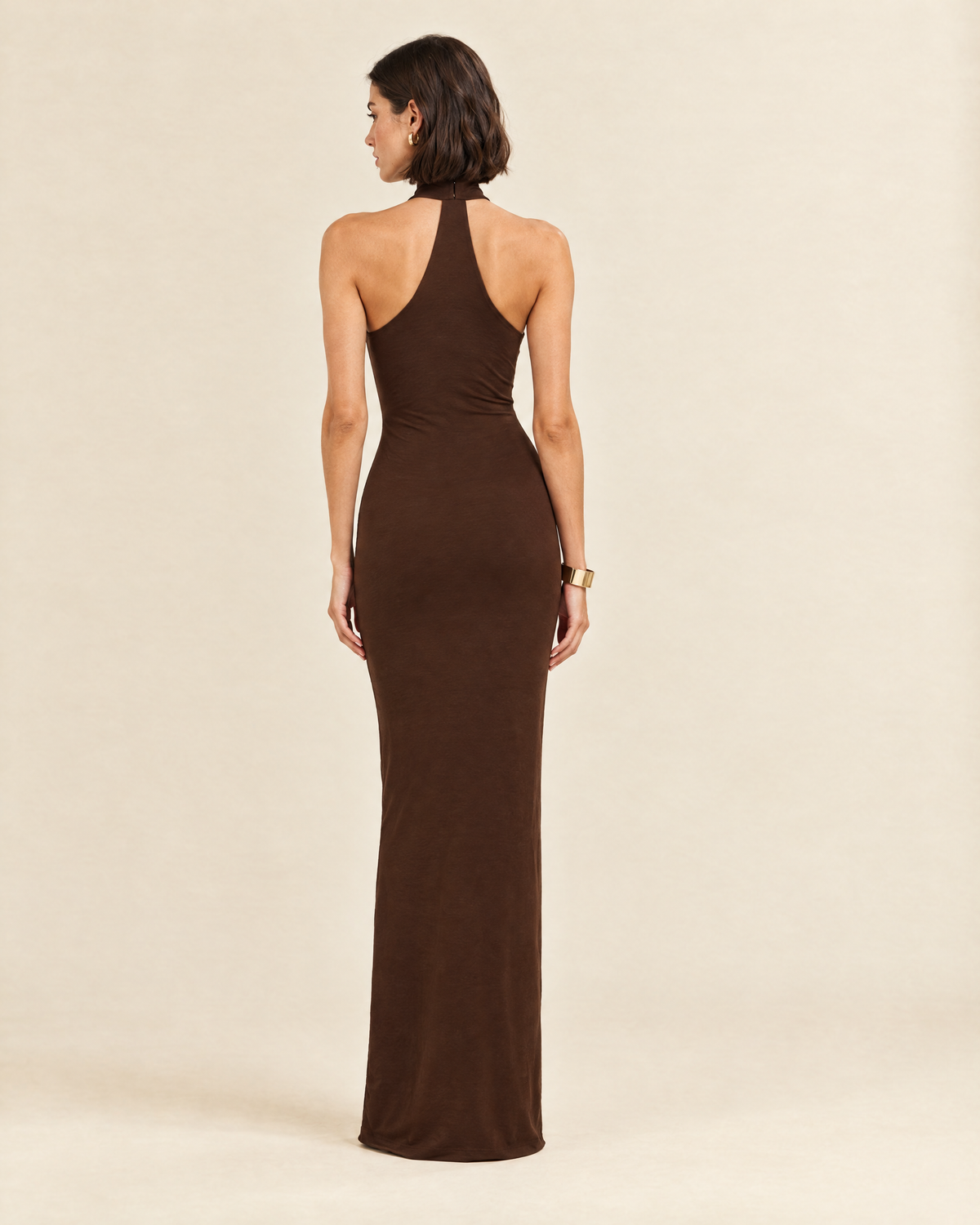 Iris Halter Maxi Dress in chocolate, back view