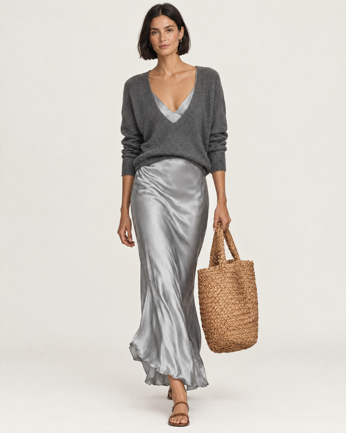 Odette Knit & Satin Slip Set in grey, front view