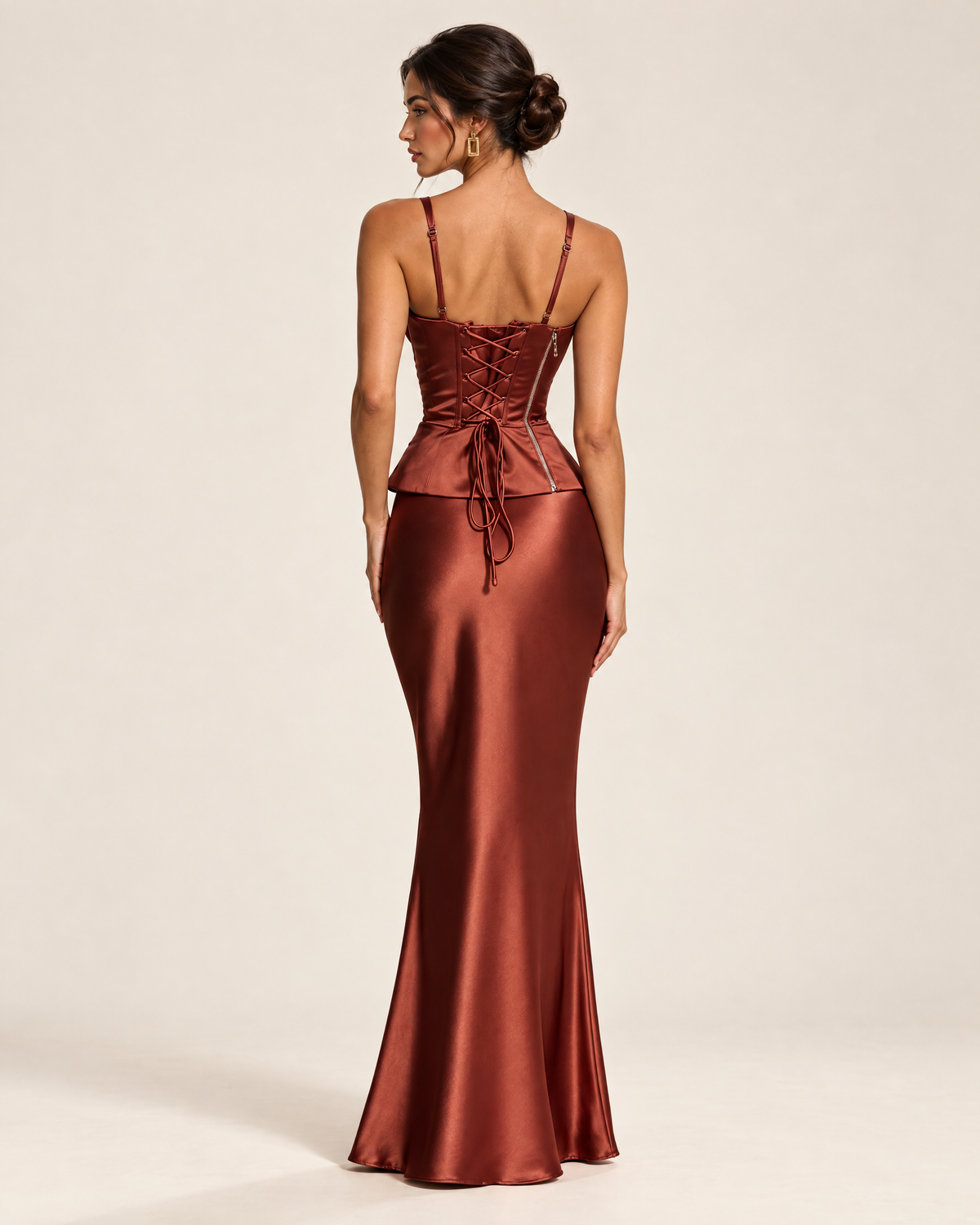 Sienna Satin Maxi Dress in Brick, back view