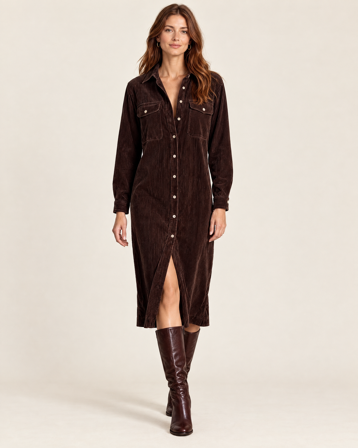 Hazel Corduroy Shirt Dress in Dark Brown, front view