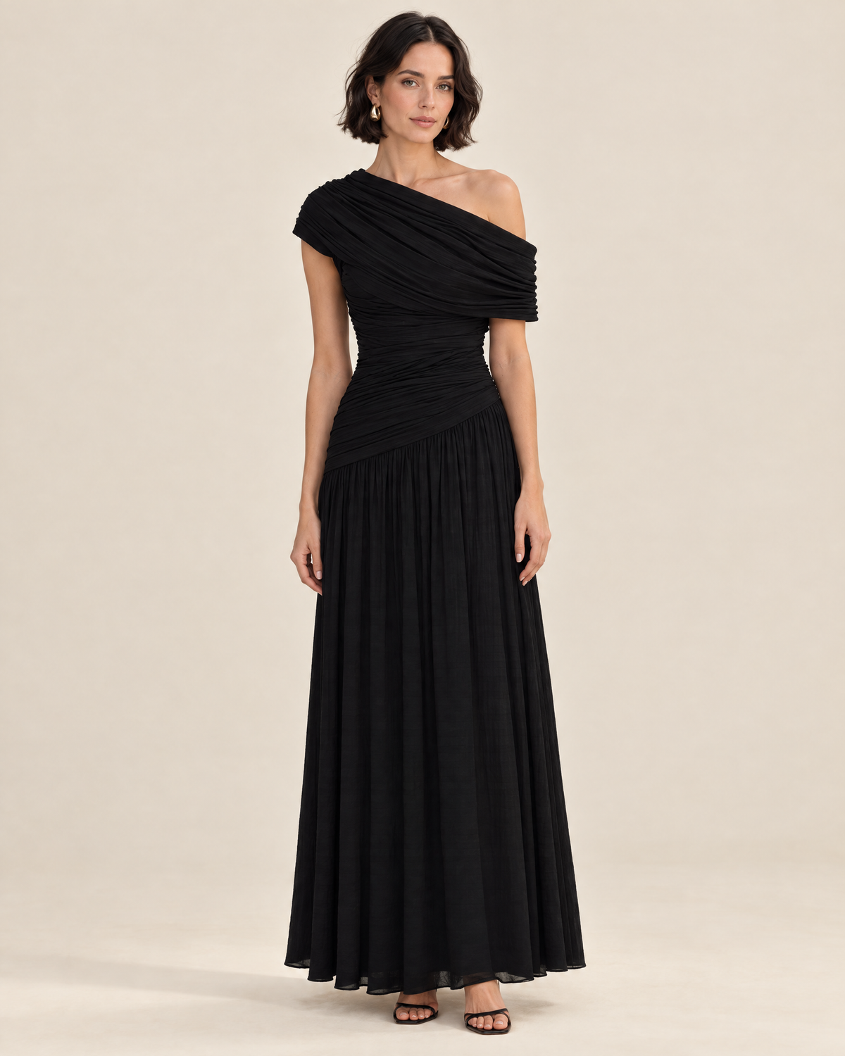 Solene Draped Maxi Dress in Black, front view