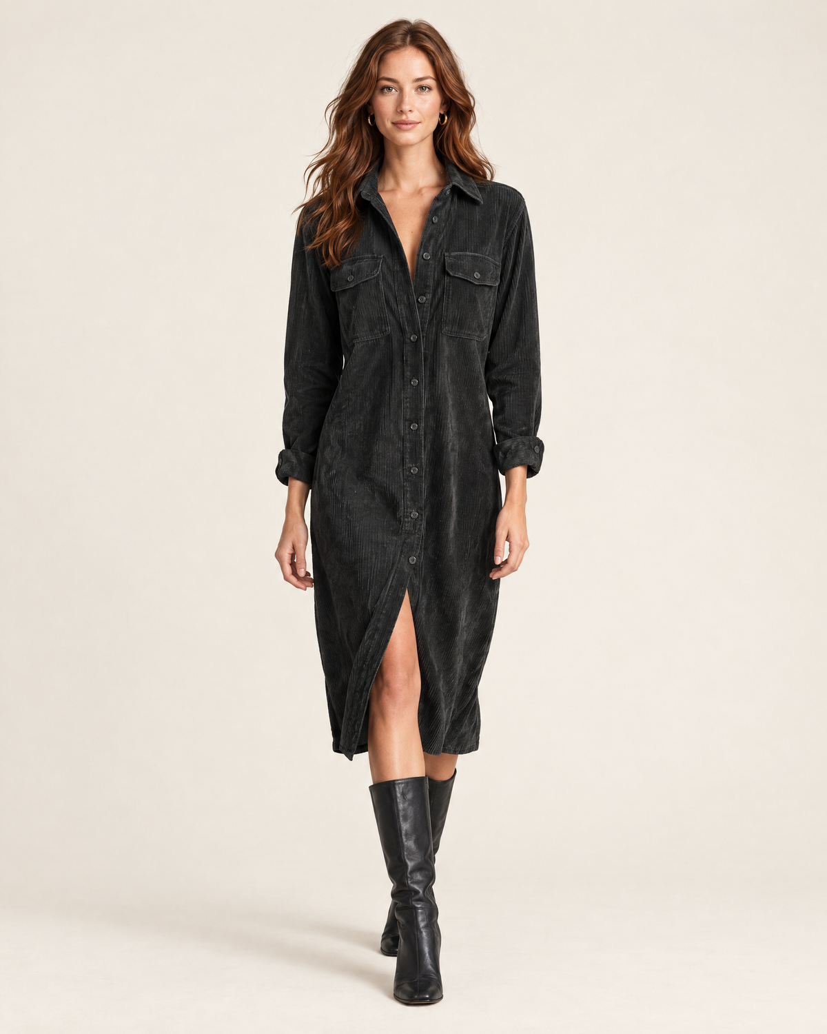 Hazel Corduroy Shirt Dress in Black, front view