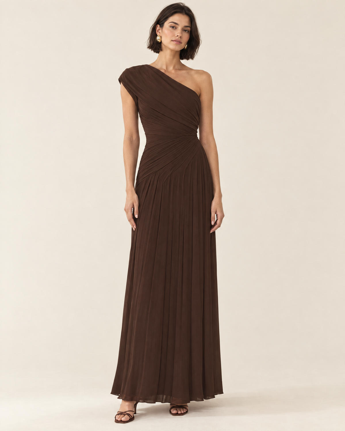 Solene Draped Maxi Dress in Brown, front view