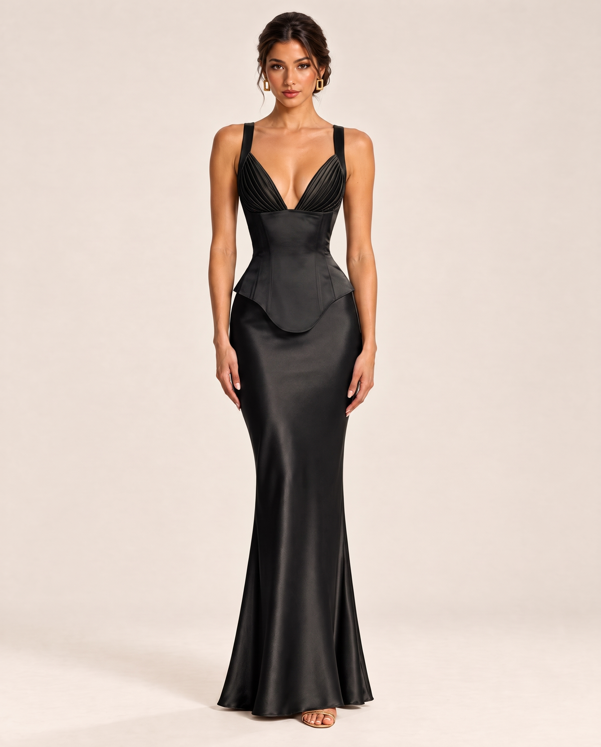Sienna Satin Maxi Dress in Black, front view