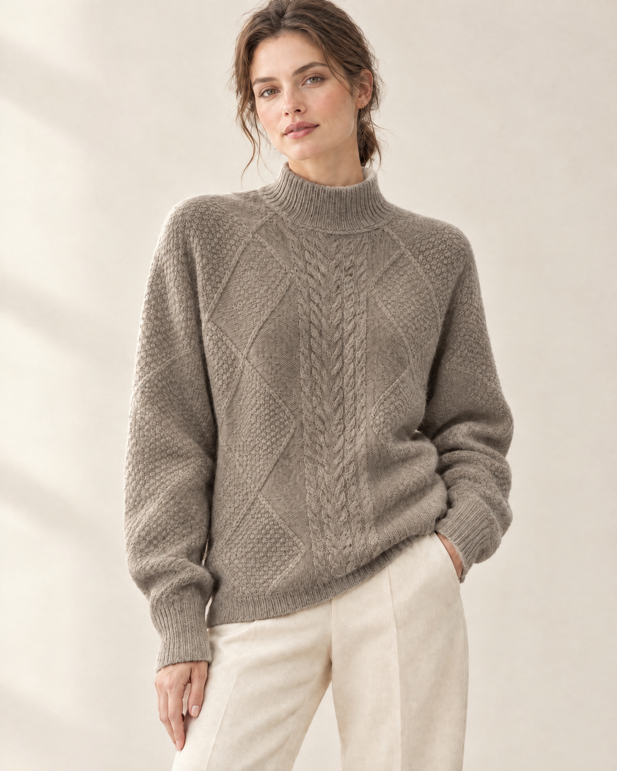 Ilse Cable Half-Turtleneck Sweater in Dark Camel
