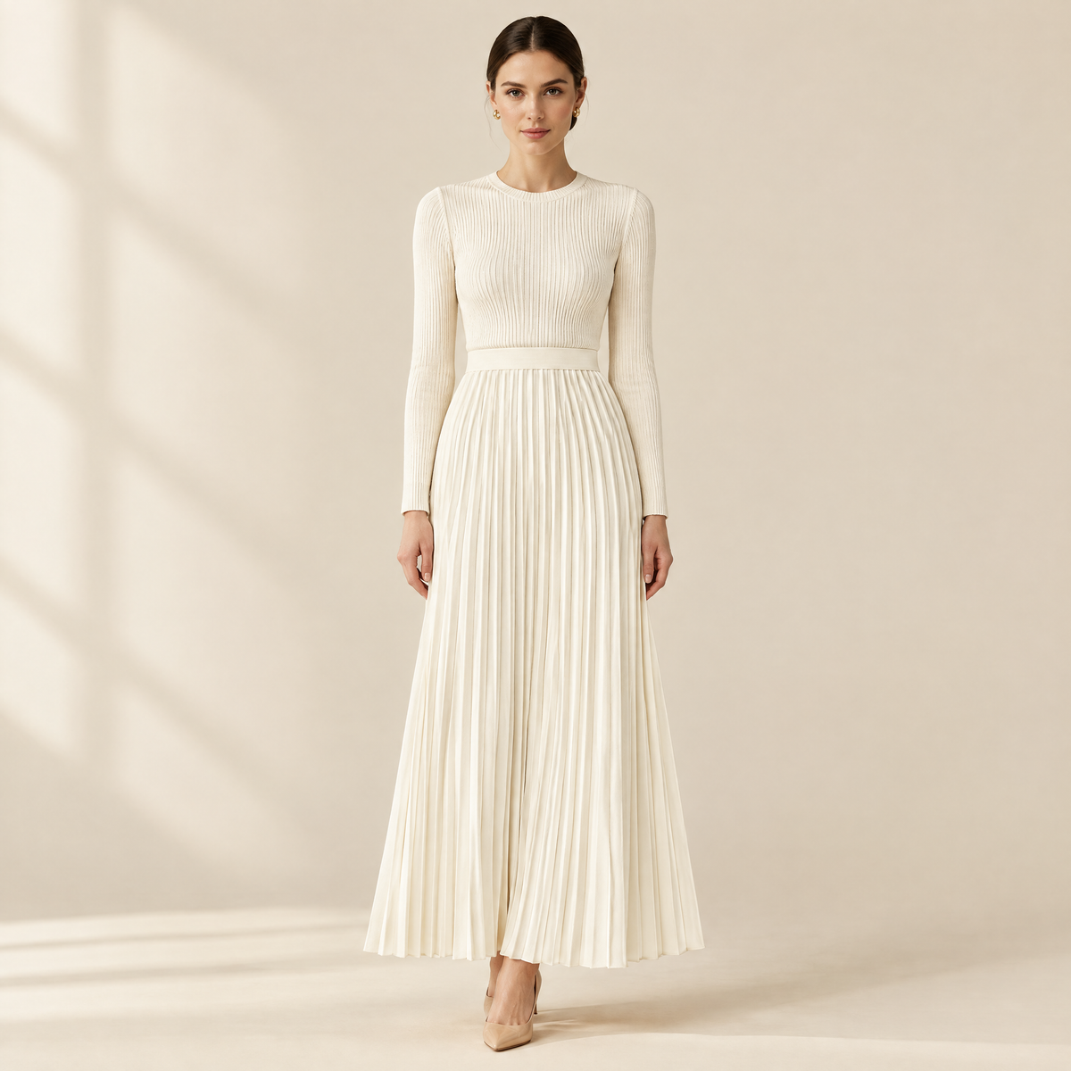 Odile Pleated Knit Dress in Cream