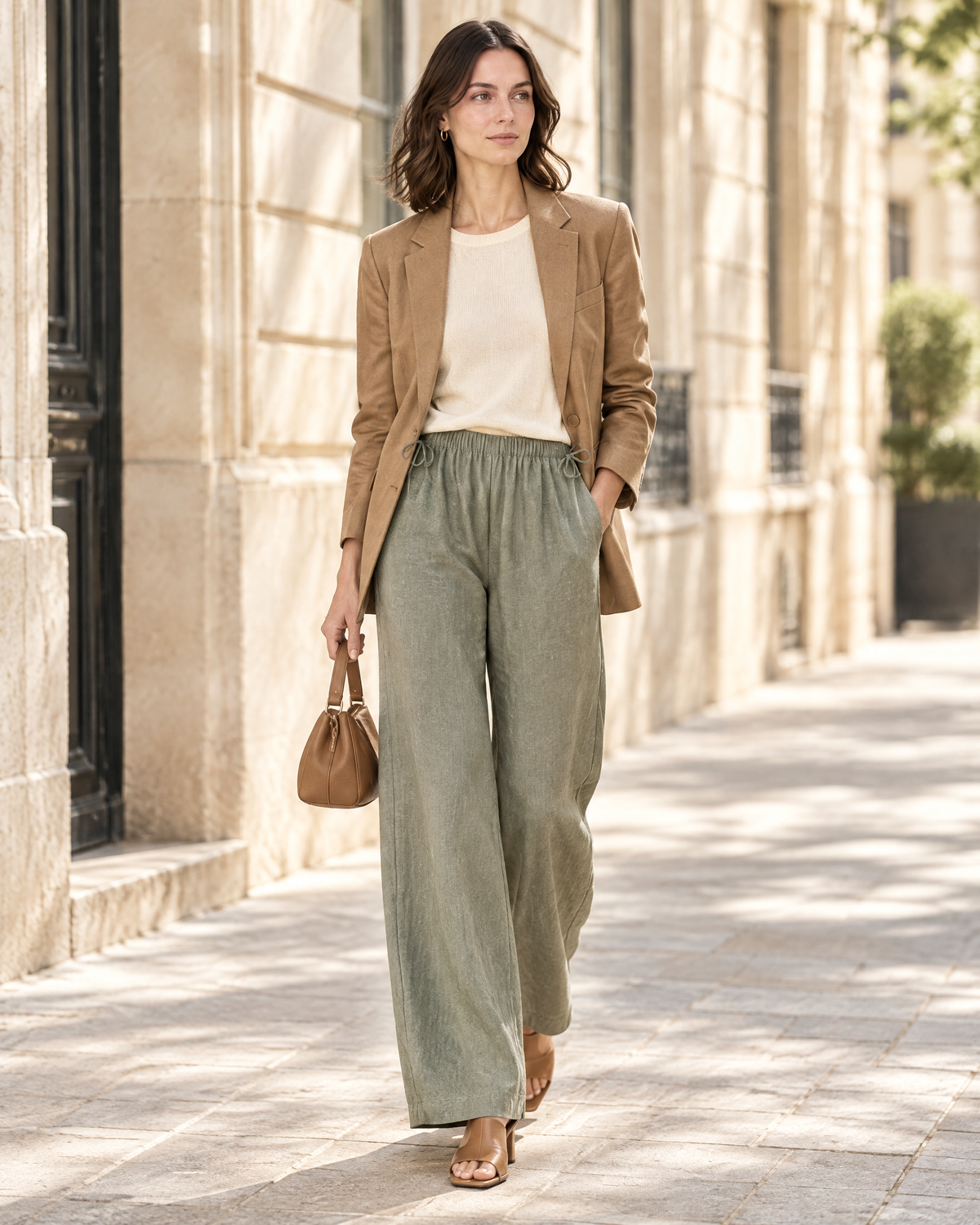 Lucia Linen-Blend Wide-Leg Trousers in sage, styled with a camel blazer