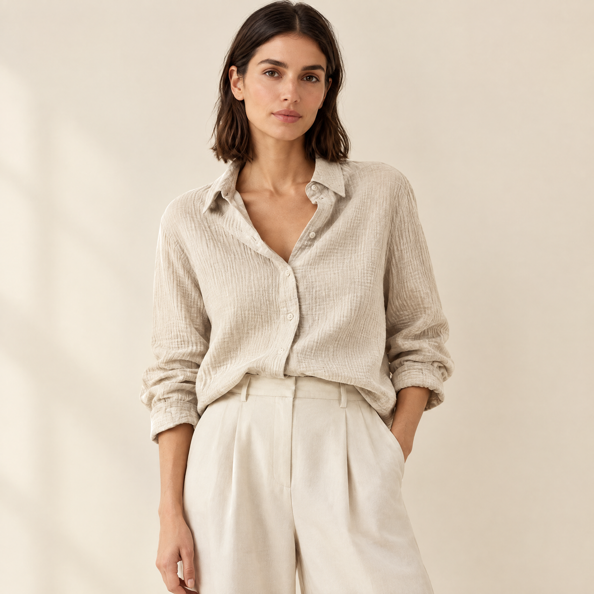 Ilse Textured Cotton Shirt in Beige