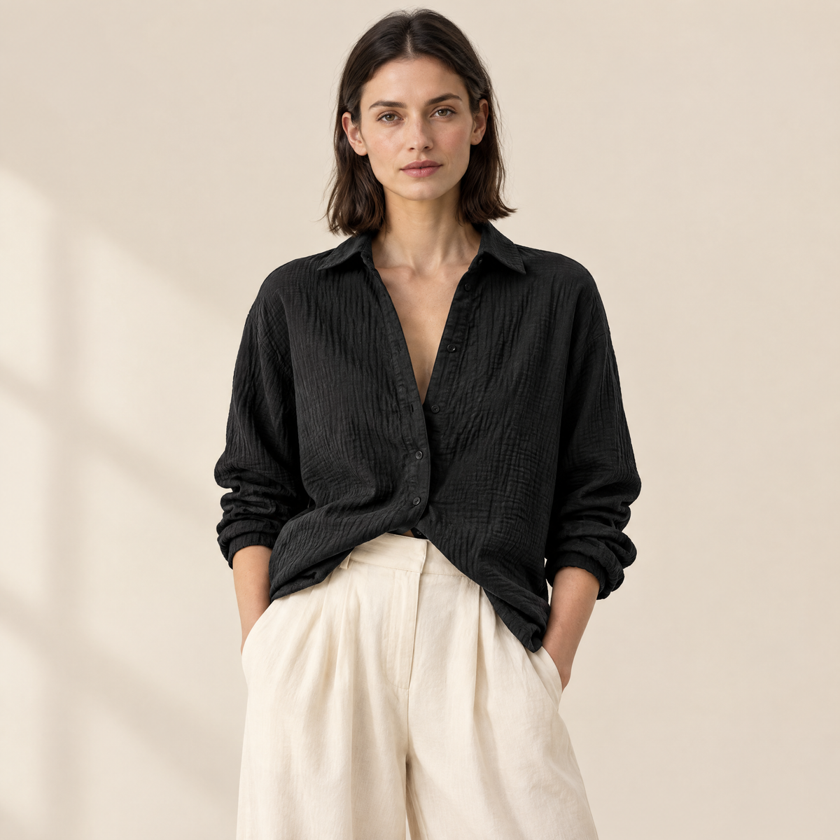 Ilse Textured Cotton Shirt in Black