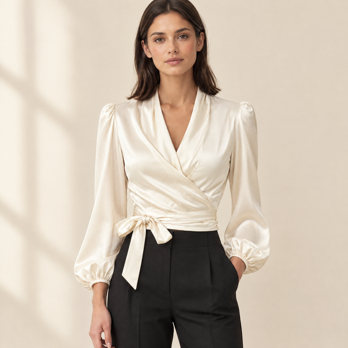 Nina Satin Wrap Blouse in Beige