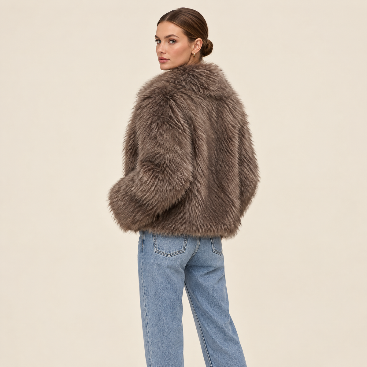 Liv Faux Fur Jacket in mocha, back view