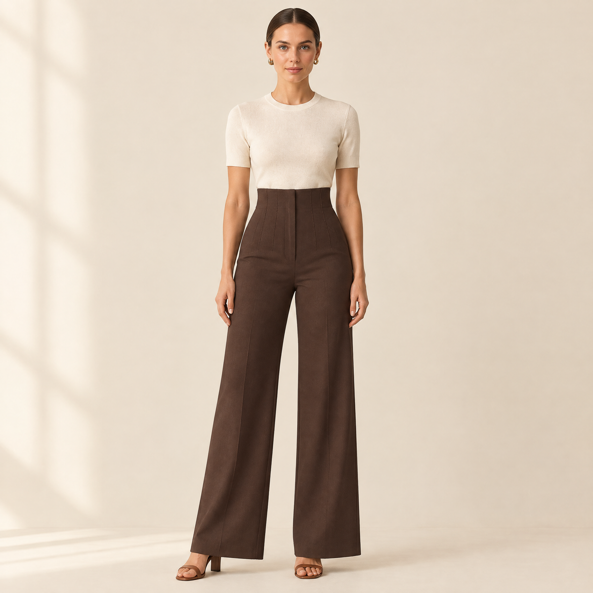 Petra Tailored Wide-Leg Trousers in brown, front view