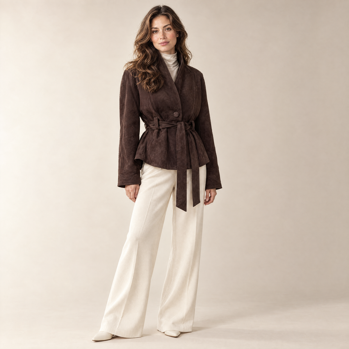 Romy Wrap Jacket in espresso, styled view