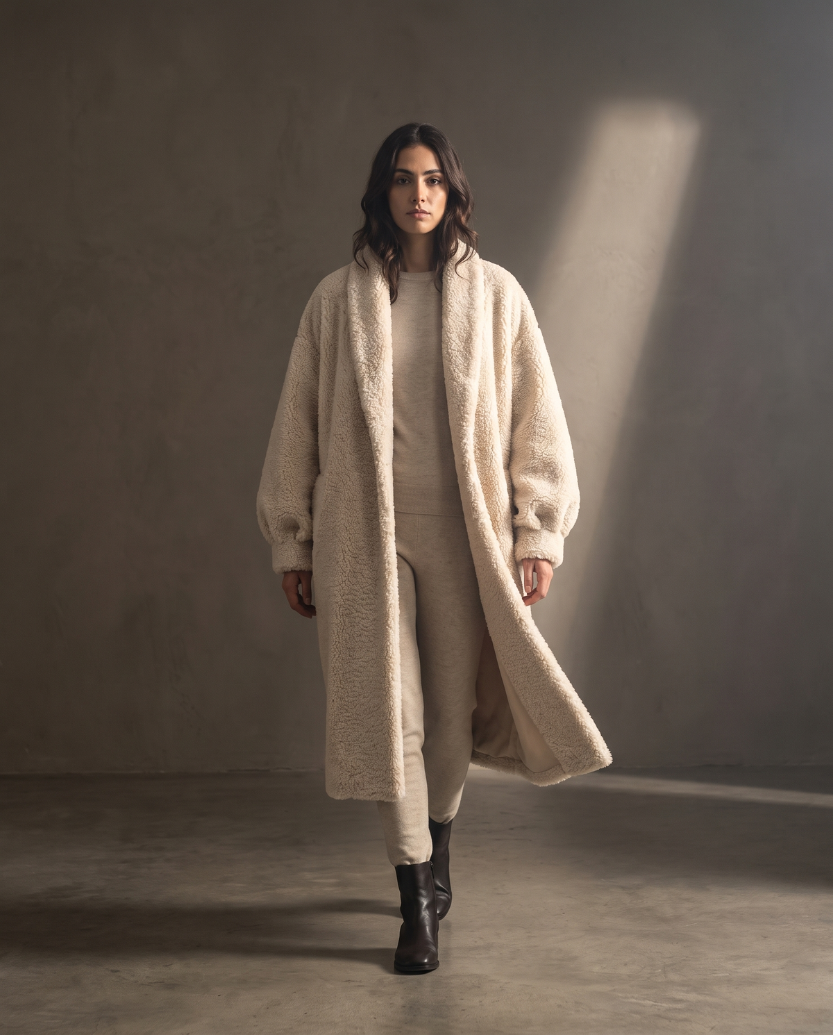 Auria Teddy Coat in movement against a warm greige wall