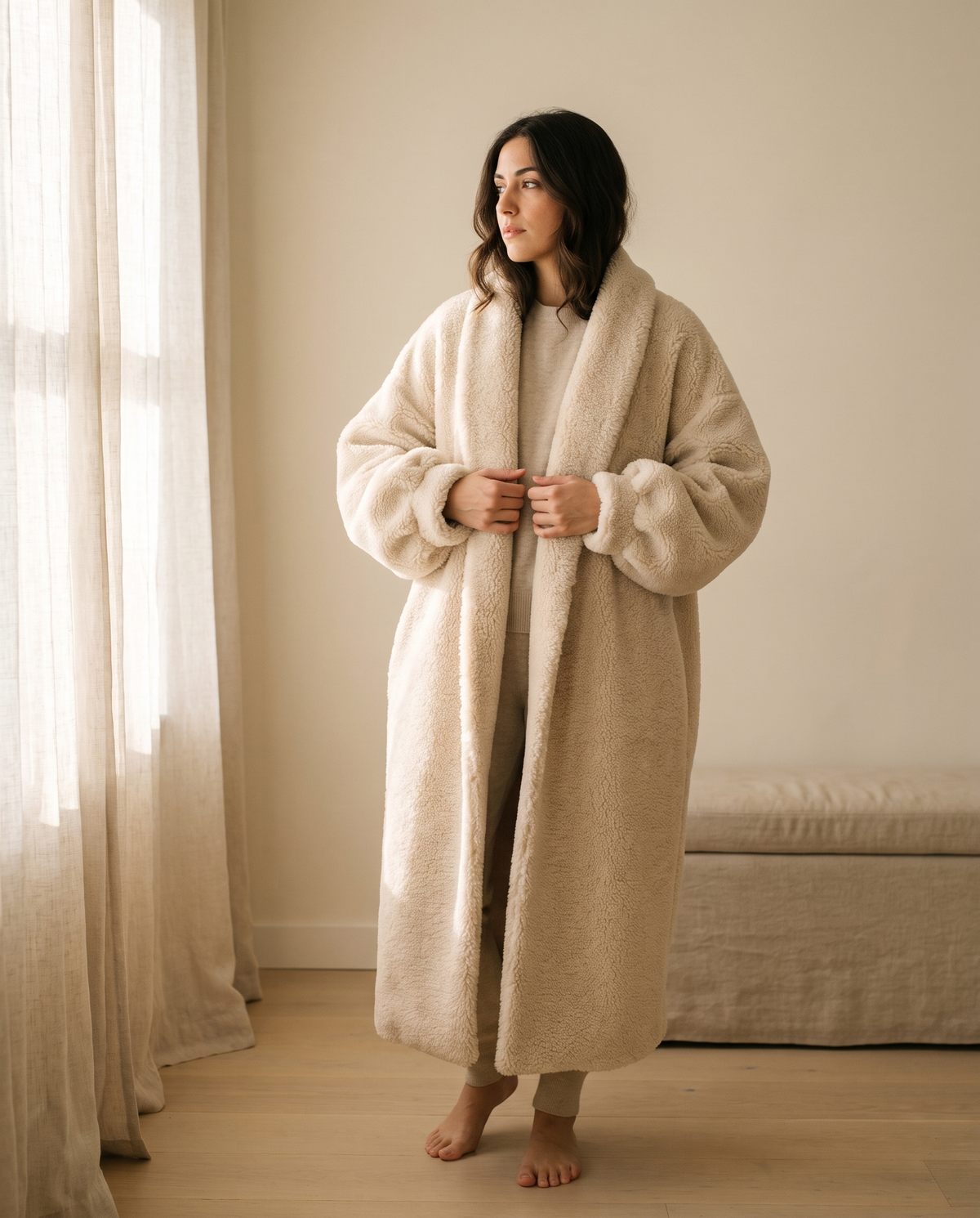 Auria Teddy Coat worn indoors by a window in natural light