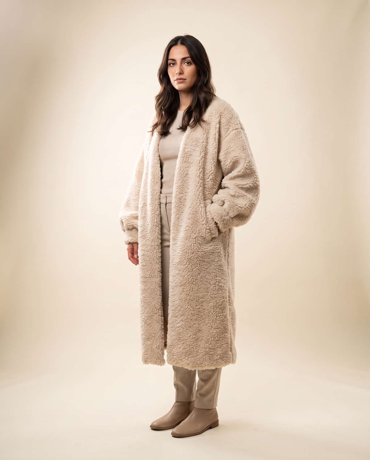 Auria Teddy Coat in cream, shown full length on an ivory studio backdrop