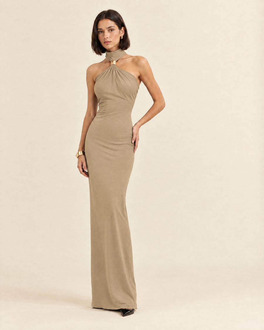 Iris Halter Maxi Dress in beige, front view