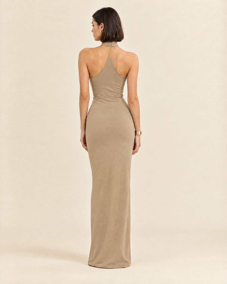 Iris Halter Maxi Dress in beige, back view