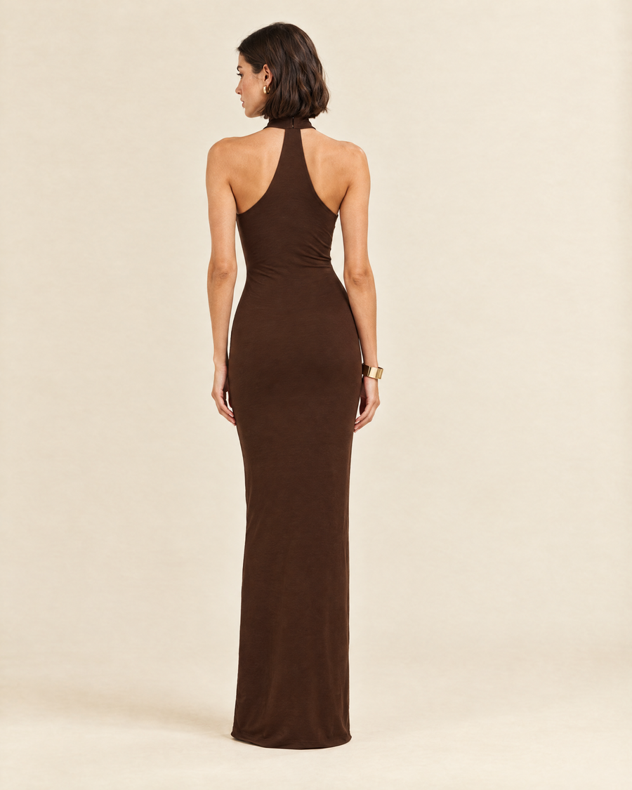 Iris Halter Maxi Dress in chocolate, back view