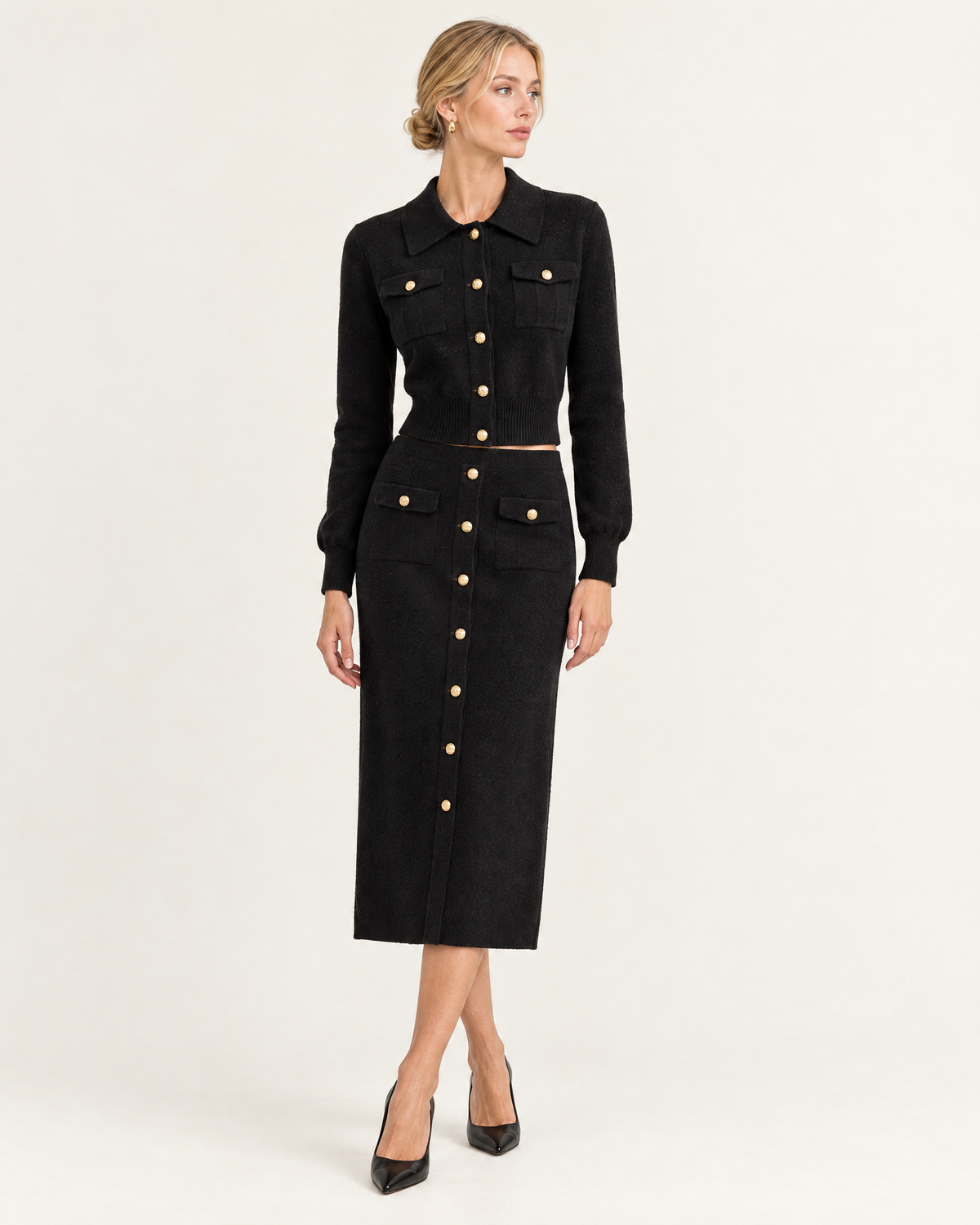 Saskia Knit Cardigan & Skirt Set in black, front view