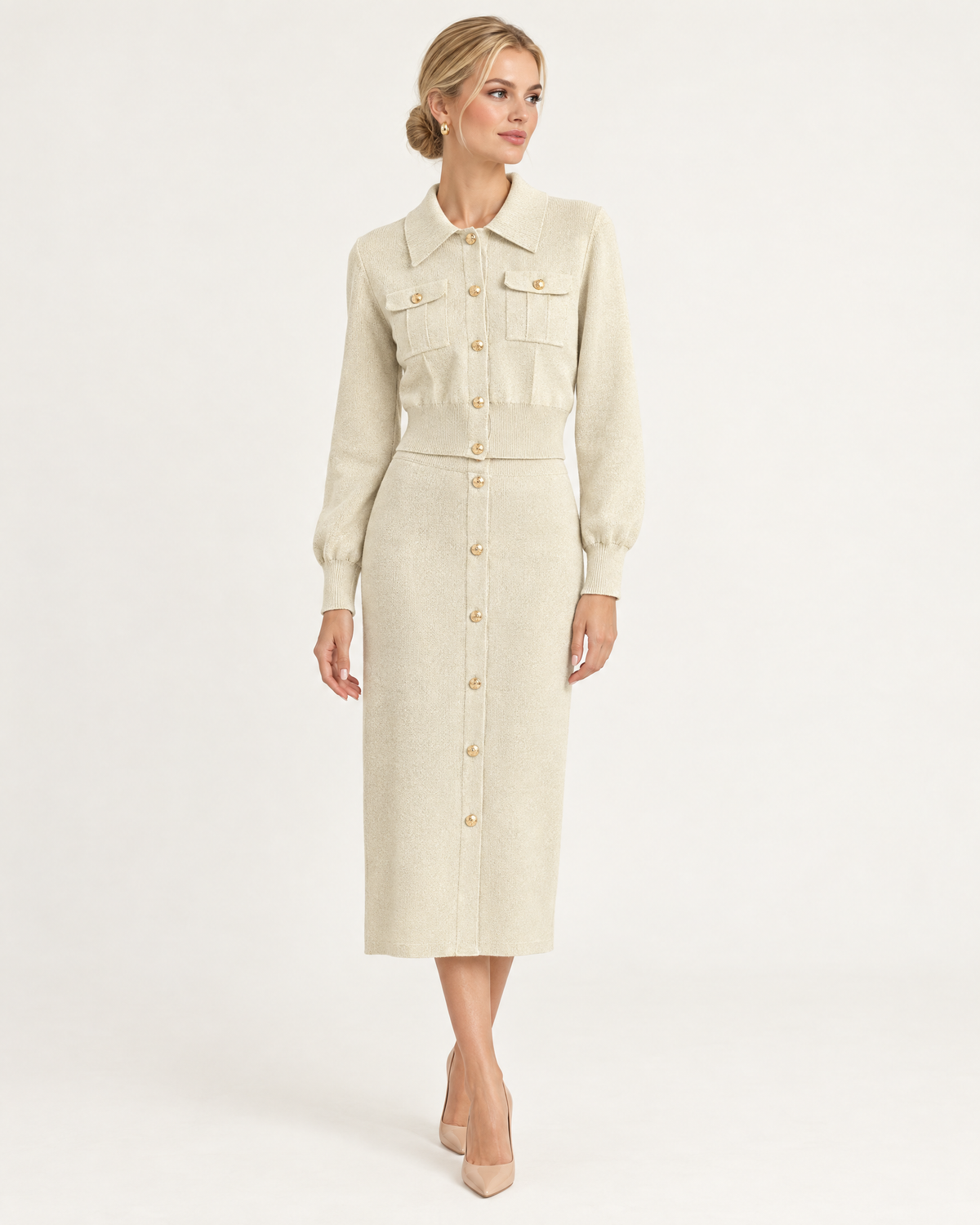 Saskia Knit Cardigan & Skirt Set in cream, front view