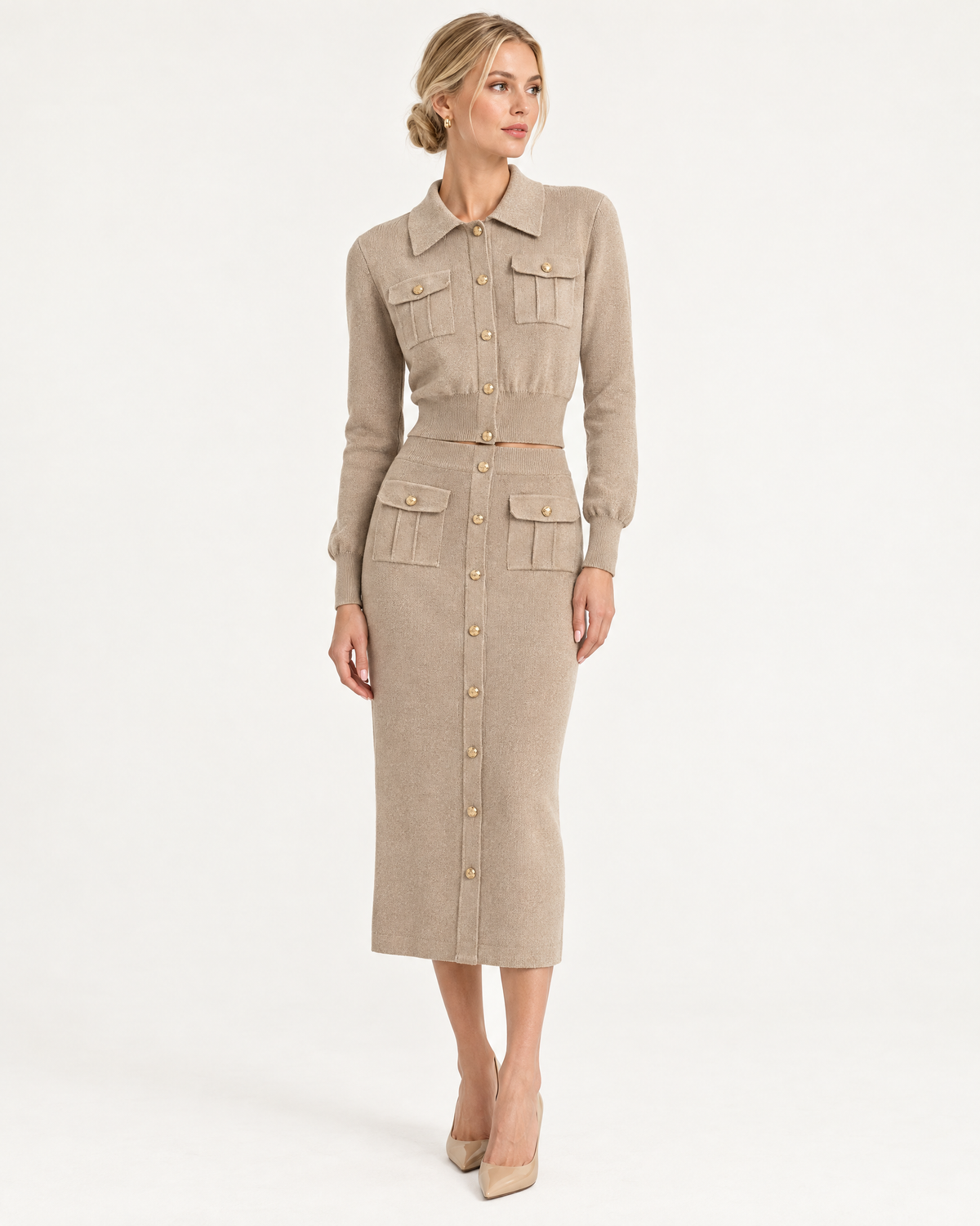 Saskia Knit Cardigan & Skirt Set in khaki, front view