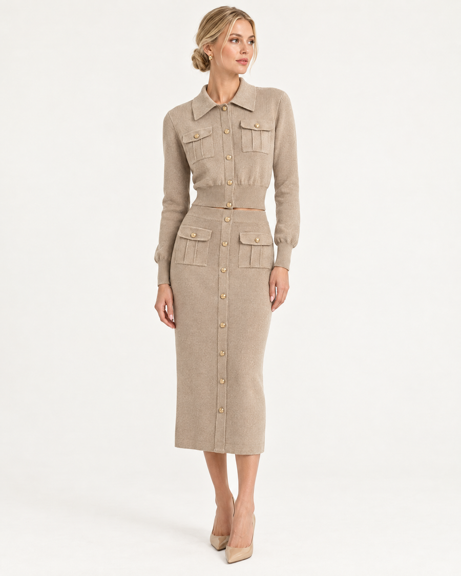 Saskia Knit Cardigan & Skirt Set in khaki, front view