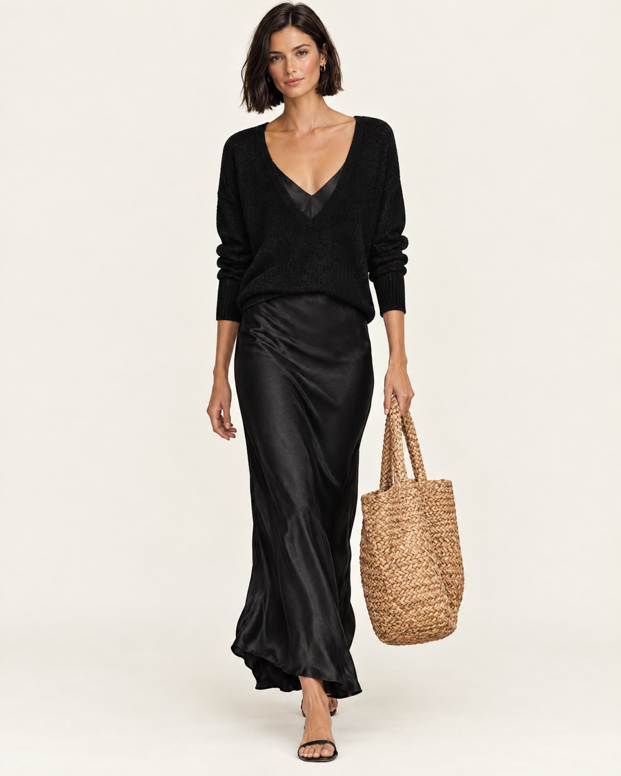 Odette Knit & Satin Slip Set in black, front view