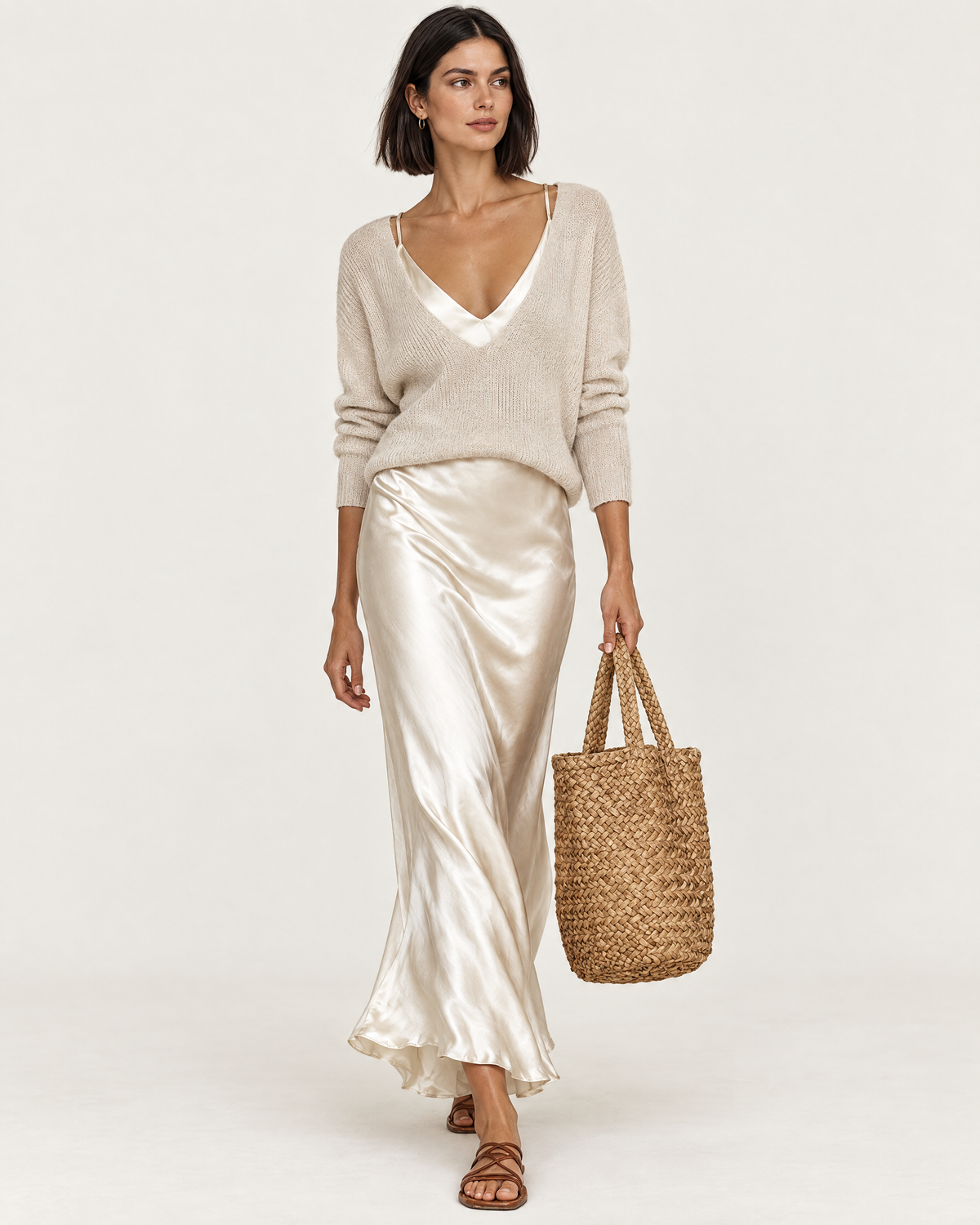 Odette Knit & Satin Slip Set in apricot, front view