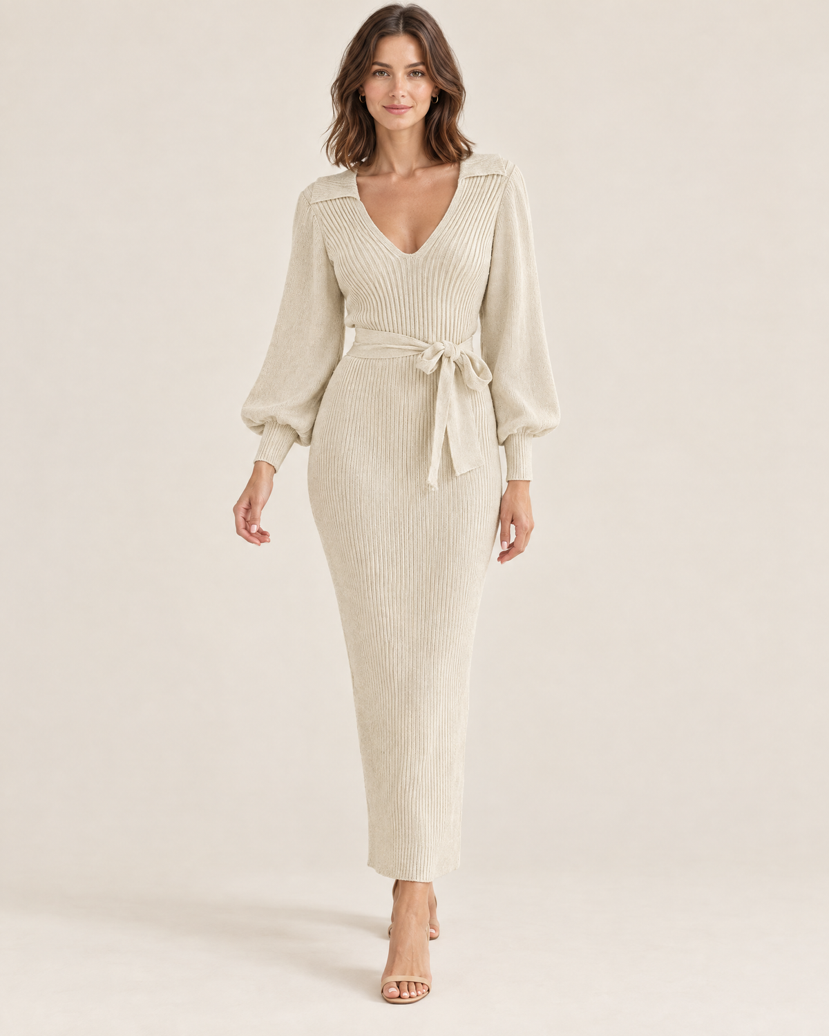 Mara Knit Wrap Maxi Dress in Beige, front view