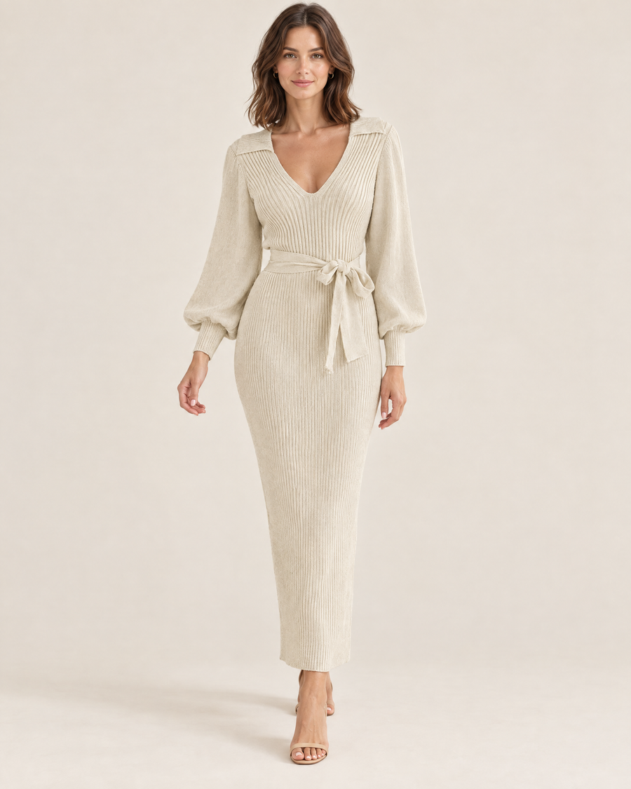 Mara Knit Wrap Maxi Dress in Beige, front view