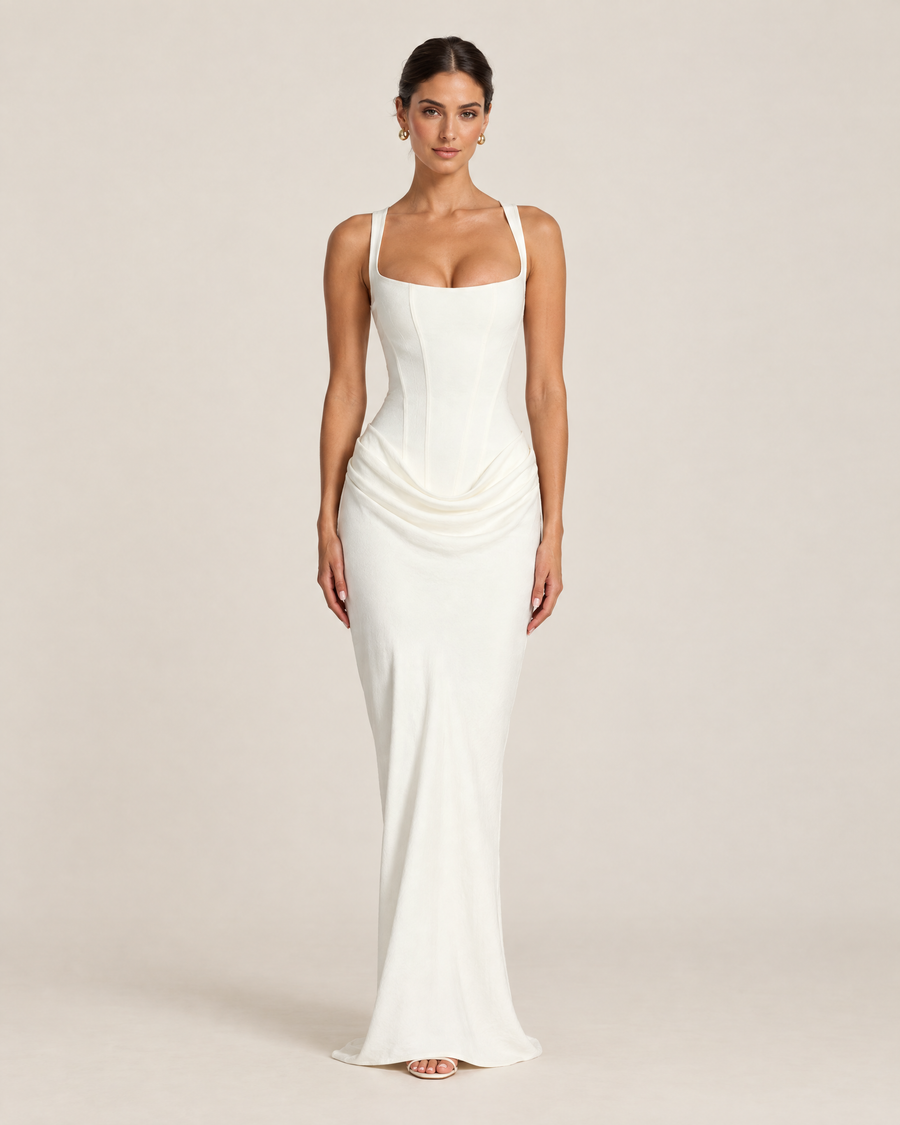 Livia Square-Neck Maxi Dress in White, front view