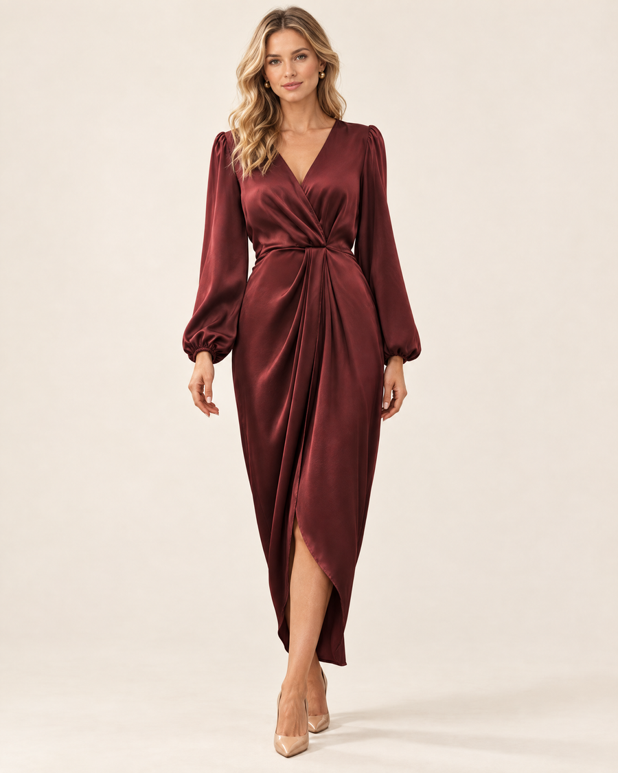 Elodie Satin Wrap Dress in Wine, front view
