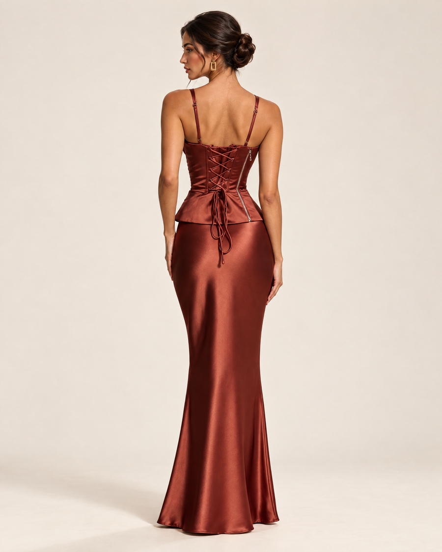 Sienna Satin Maxi Dress in Brick, back view