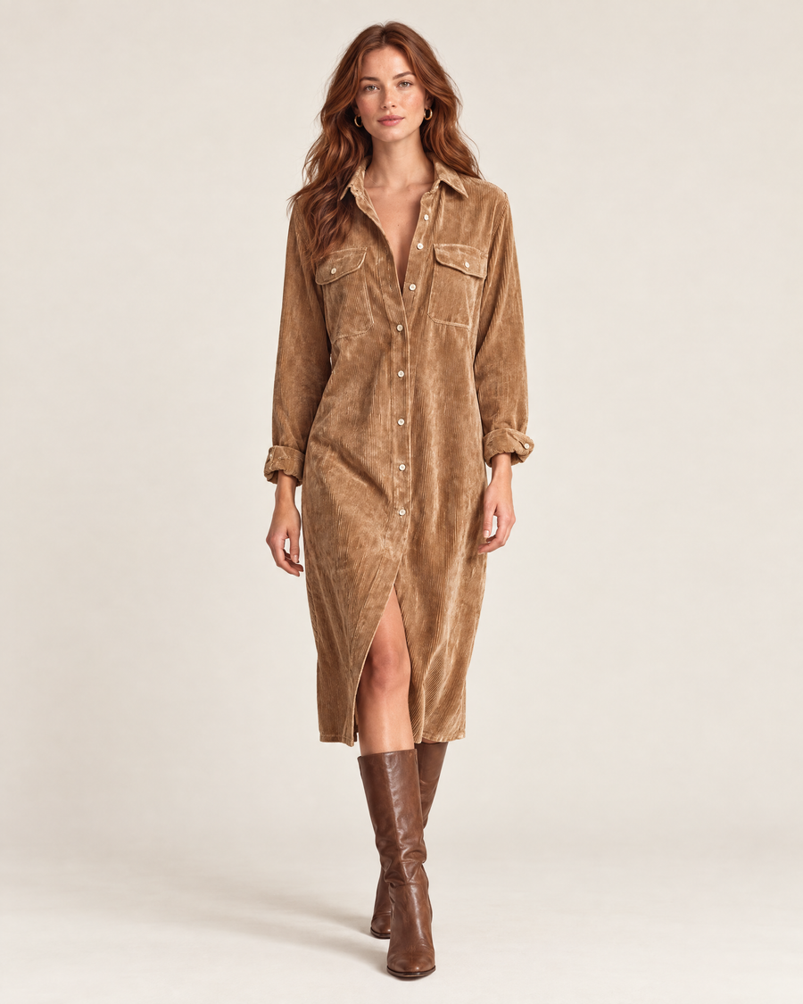 Hazel Corduroy Shirt Dress in Brown, front view