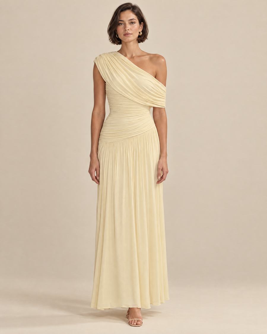 Solene Draped Maxi Dress in Cream, front view