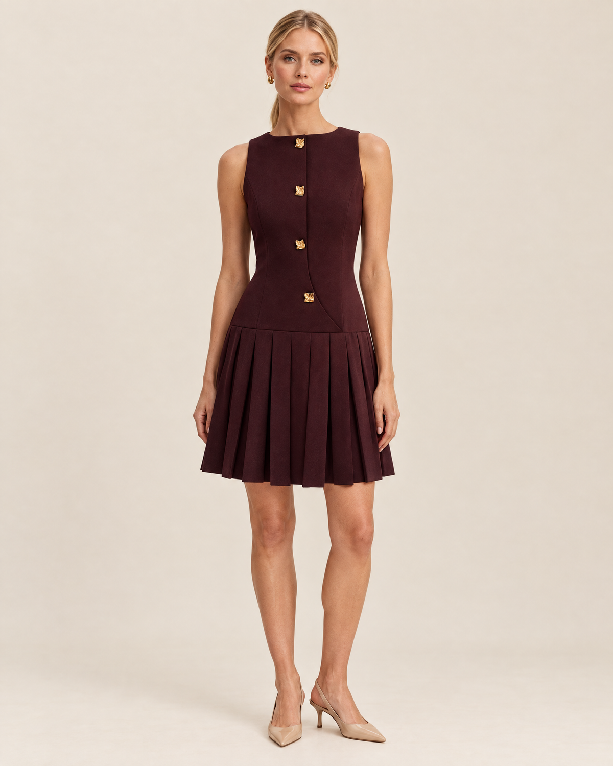 Margot Pleated Shift Dress in Burgundy, front view