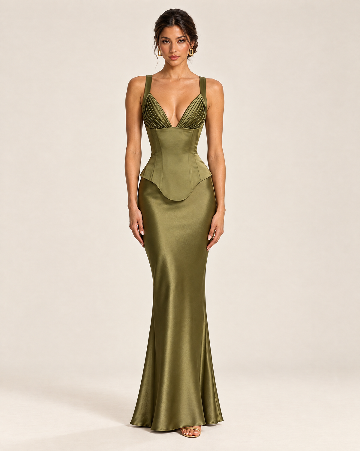 Sienna Satin Maxi Dress in Olive, front view