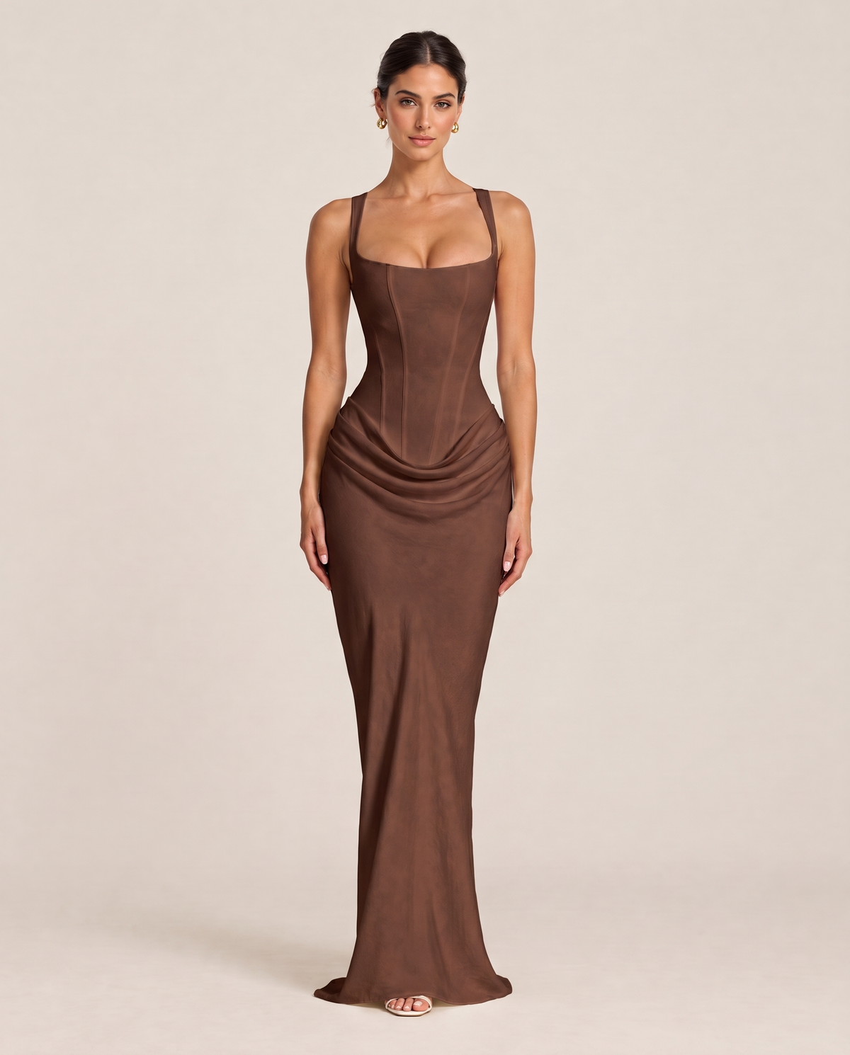 Livia Square-Neck Maxi Dress in Brown, front view