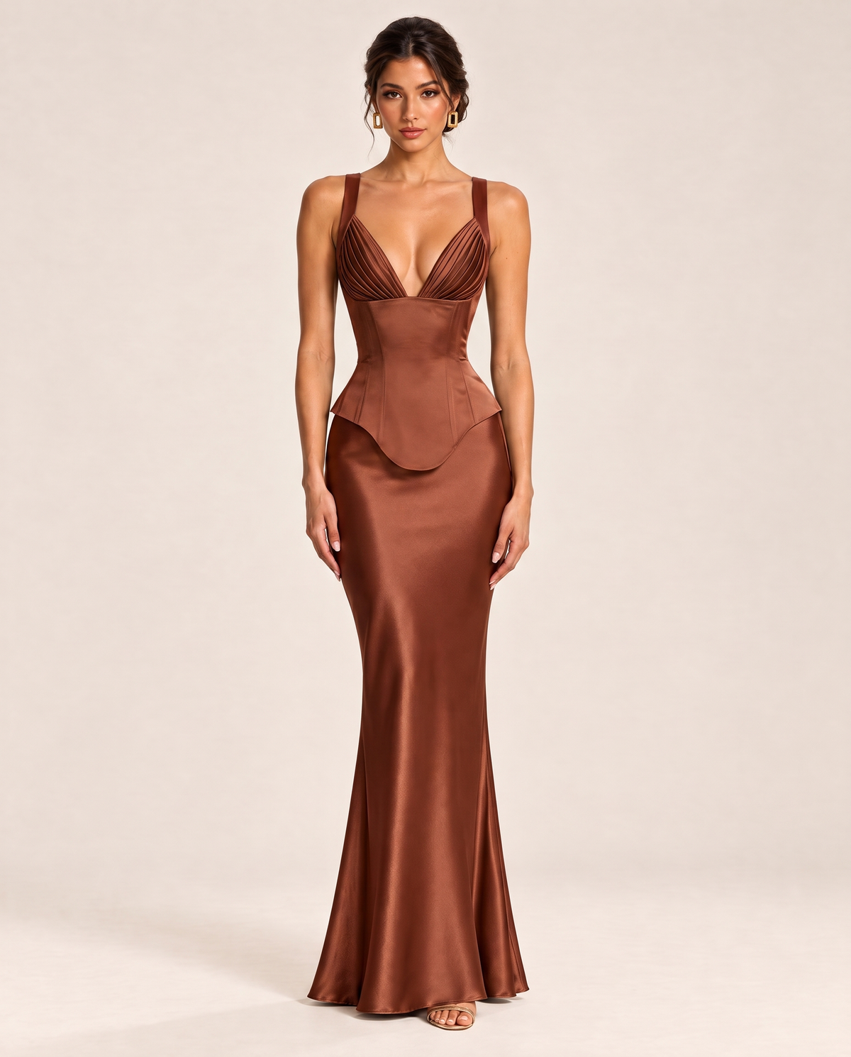 Sienna Satin Maxi Dress in Brick, front view