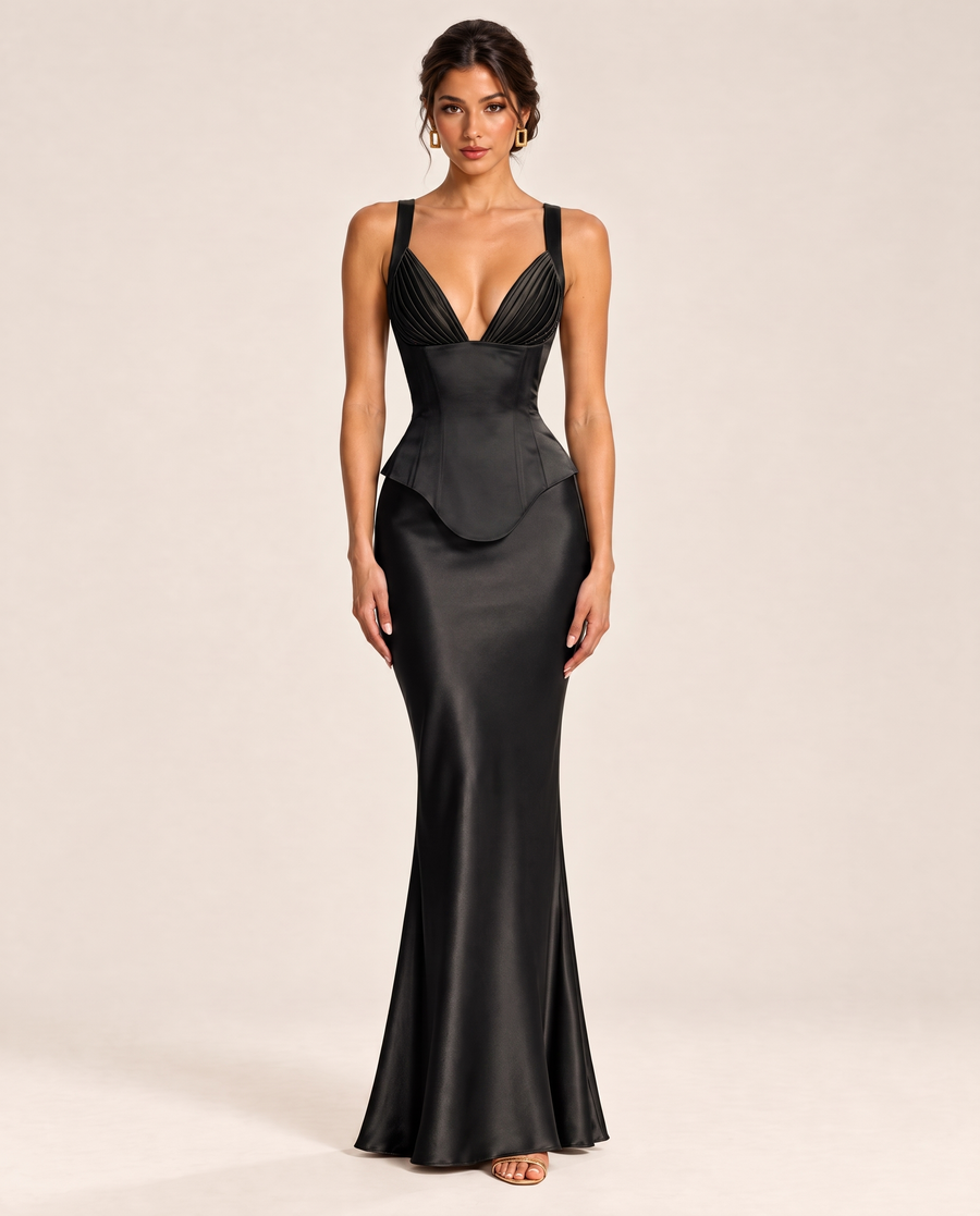 Sienna Satin Maxi Dress in Black, front view