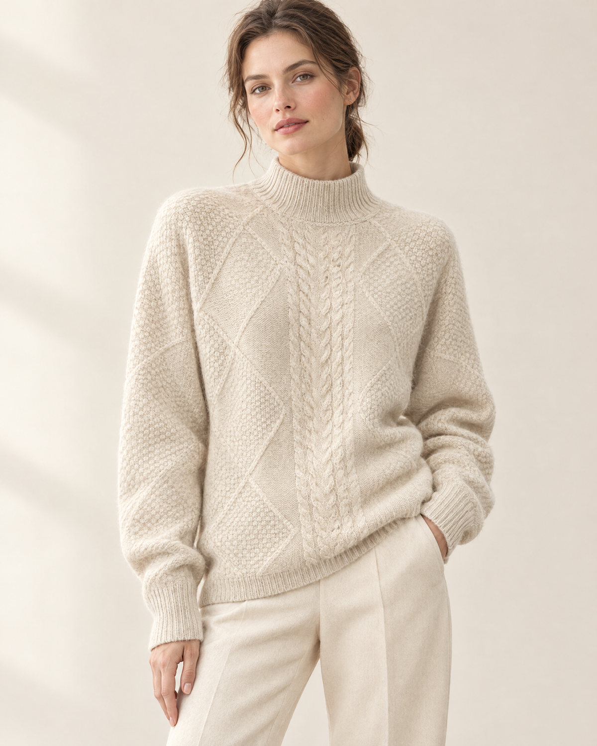 Ilse Cable Half-Turtleneck Sweater in Beige