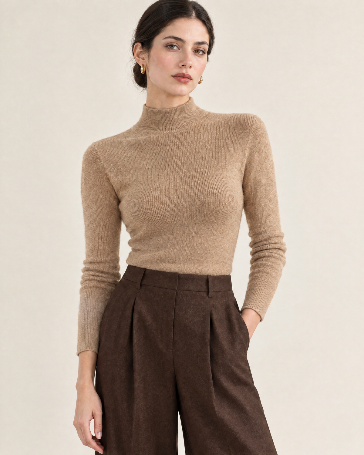 Tove Slim Half-Turtleneck Sweater in Camel