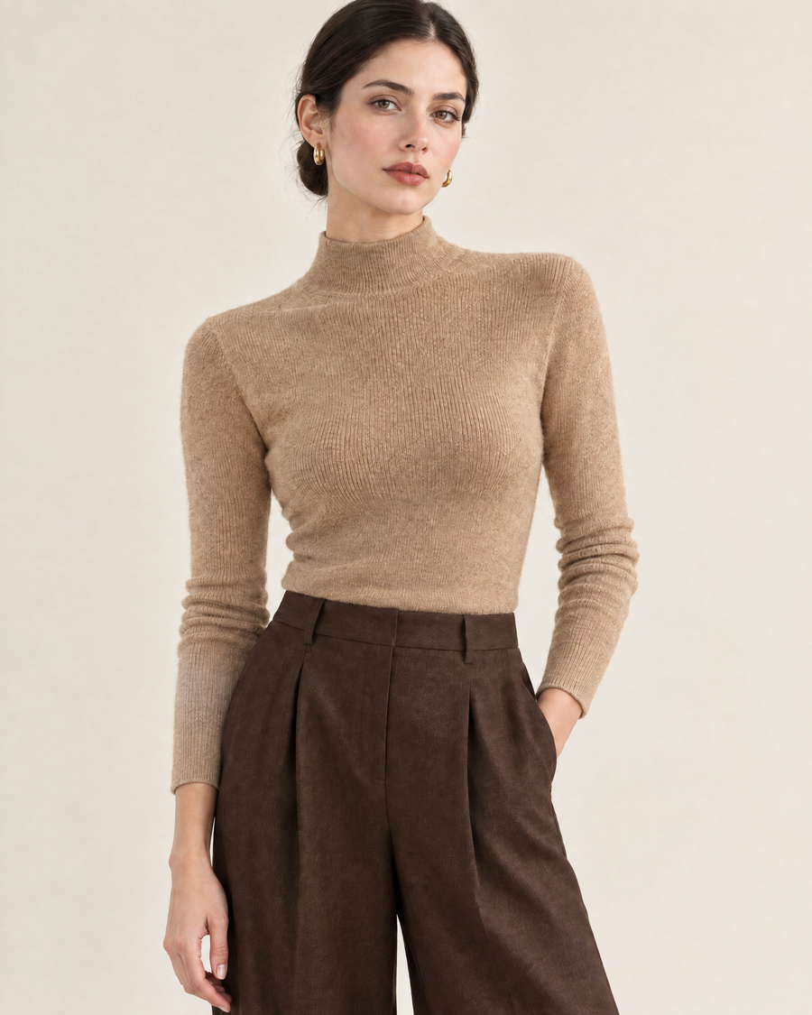 Tove Slim Half-Turtleneck Sweater in Camel
