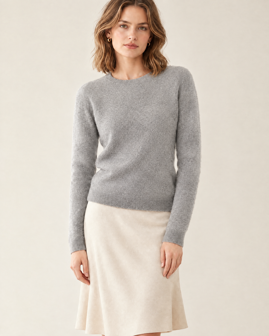 Nell Fine Wool Crew Sweater in Light Grey