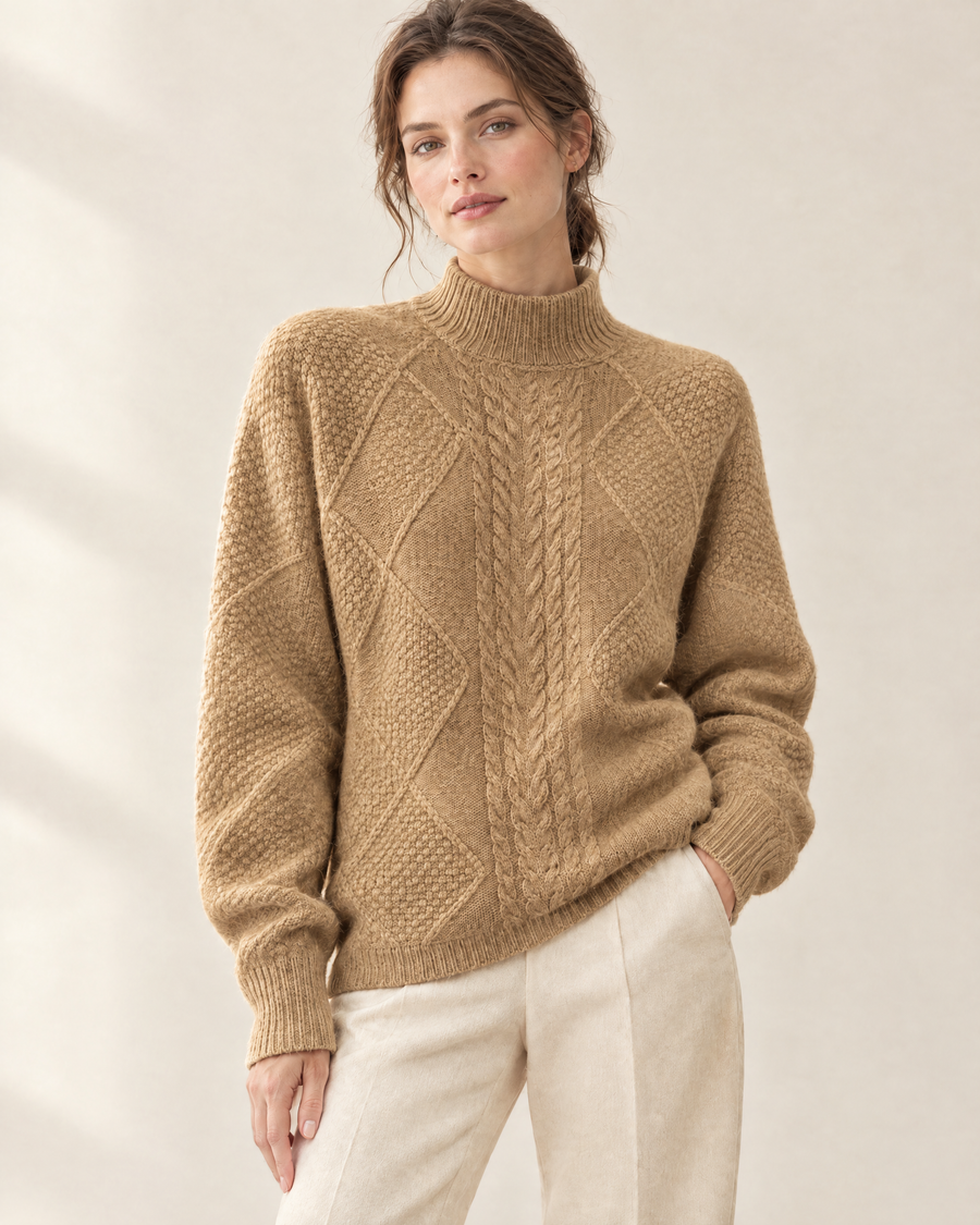 Ilse Cable Half-Turtleneck Sweater in Golden Camel